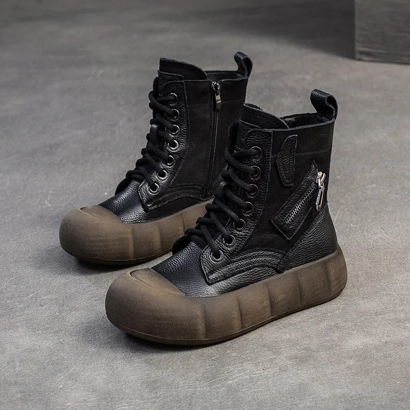 Women Retro Soft Leather Ankle Combat Boots