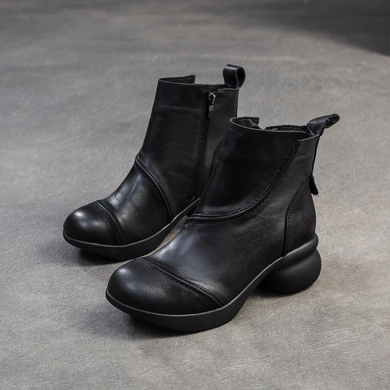 Women Vintage Solid Leather Low Block Ankle Boots