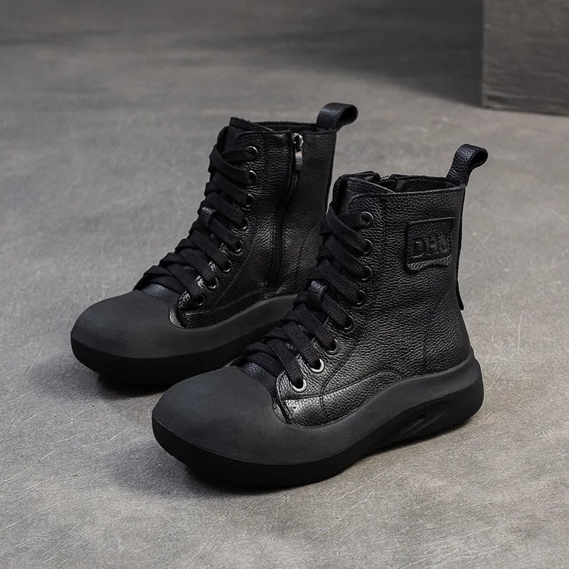 Women Vintage Minimalism Solid Leahter Flat Casual Boots