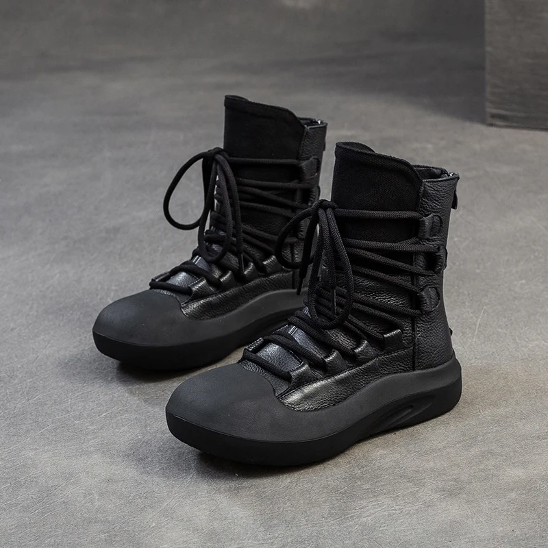 Women Vintage Lacing Back Zipper Leather Boots