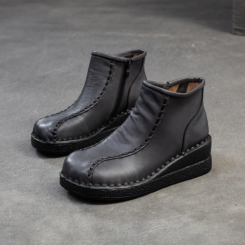 Women Retro Solid Leather Wedge Ankle Boots