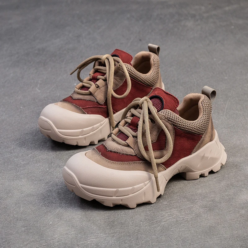 Women Retro Leather Breathable Mesh Casual Shoes