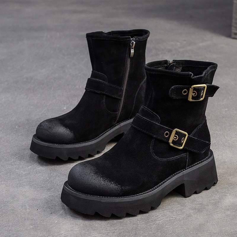 Women Vintage Nubuck Buckle Platform Boots