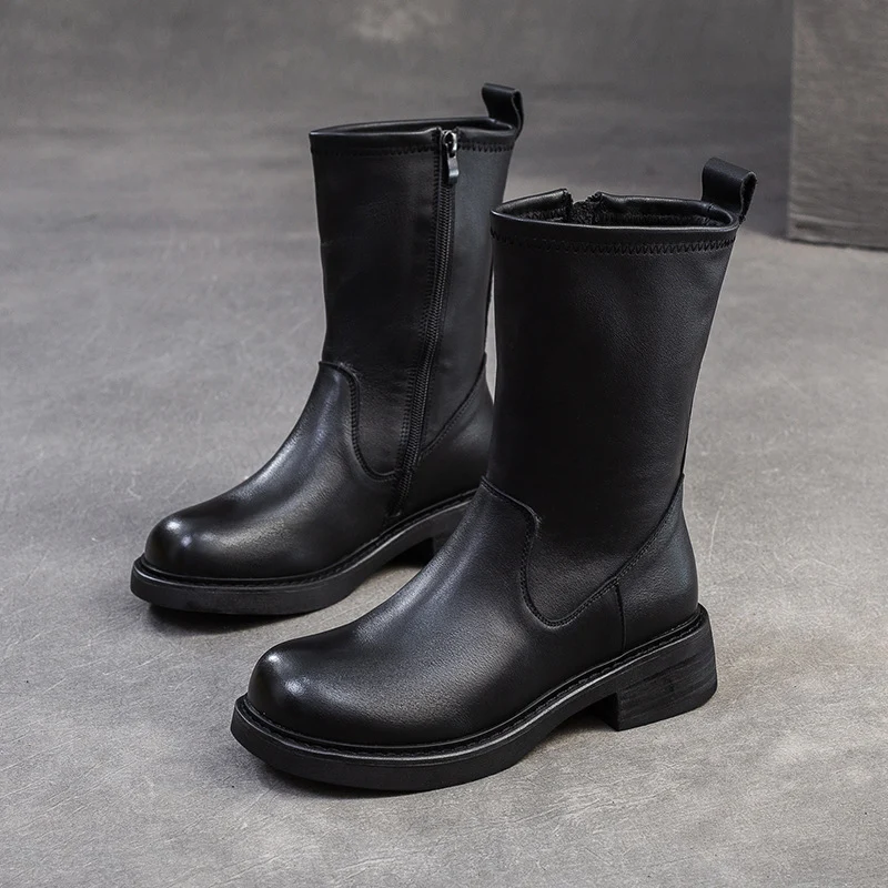 Women Solid Leather Retro Mid-Calf Casual Boots