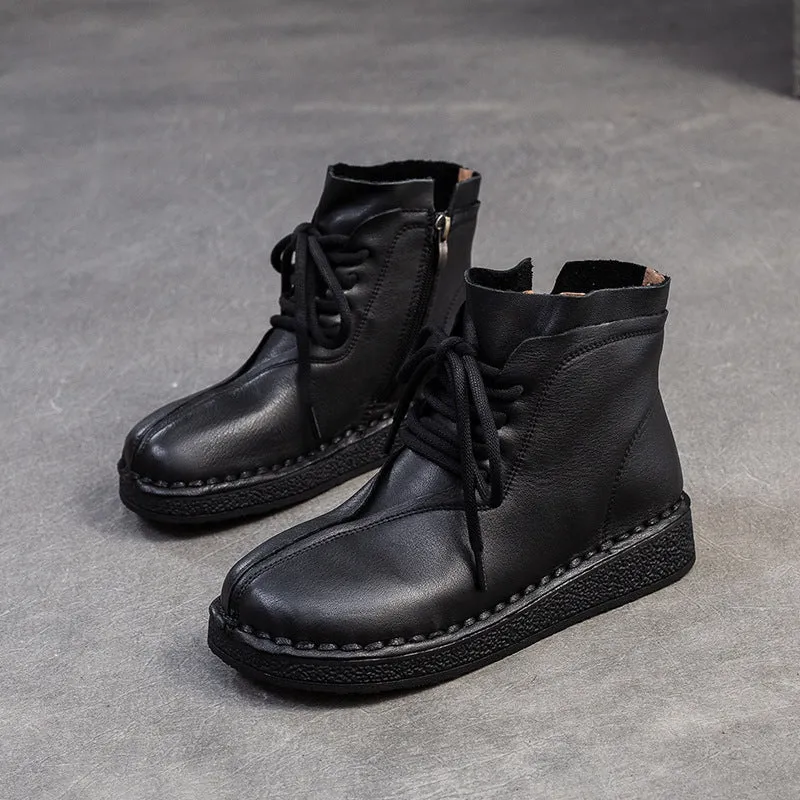 Women Vintage Solid Leather Flat Ankle Boots