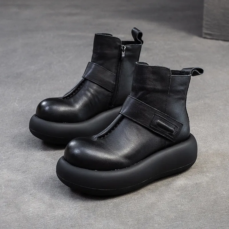 Women Vintage Solid Leather Casual Platform Boots