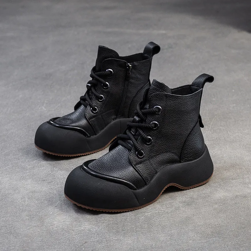 Women Solid Soft Leather Casual Thick Soled Boots