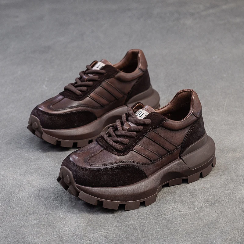 Women Retro Patchwork Leather Thick Soled Casual Shoes