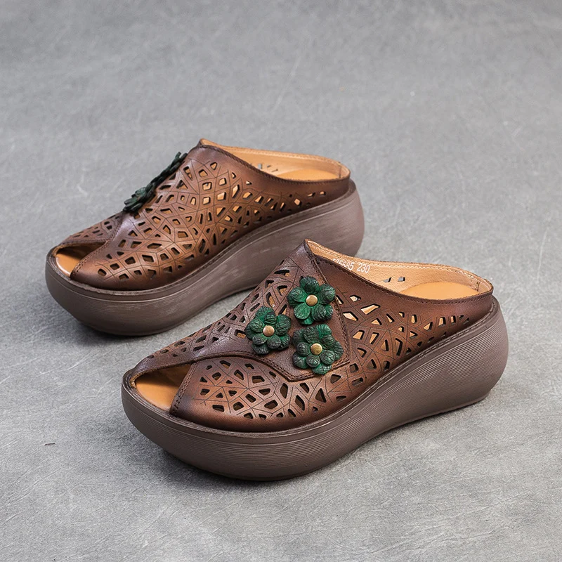 Women Summer Hollow Leather Platform Slides Sandals