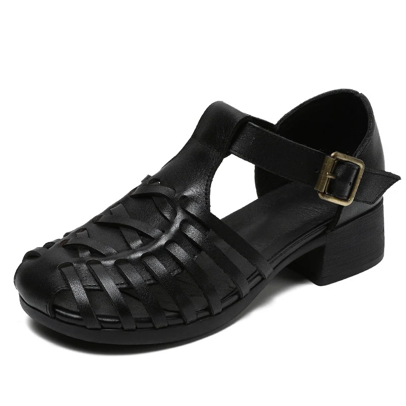 Women Retro Plaited Leather Summer Low Block Sandals