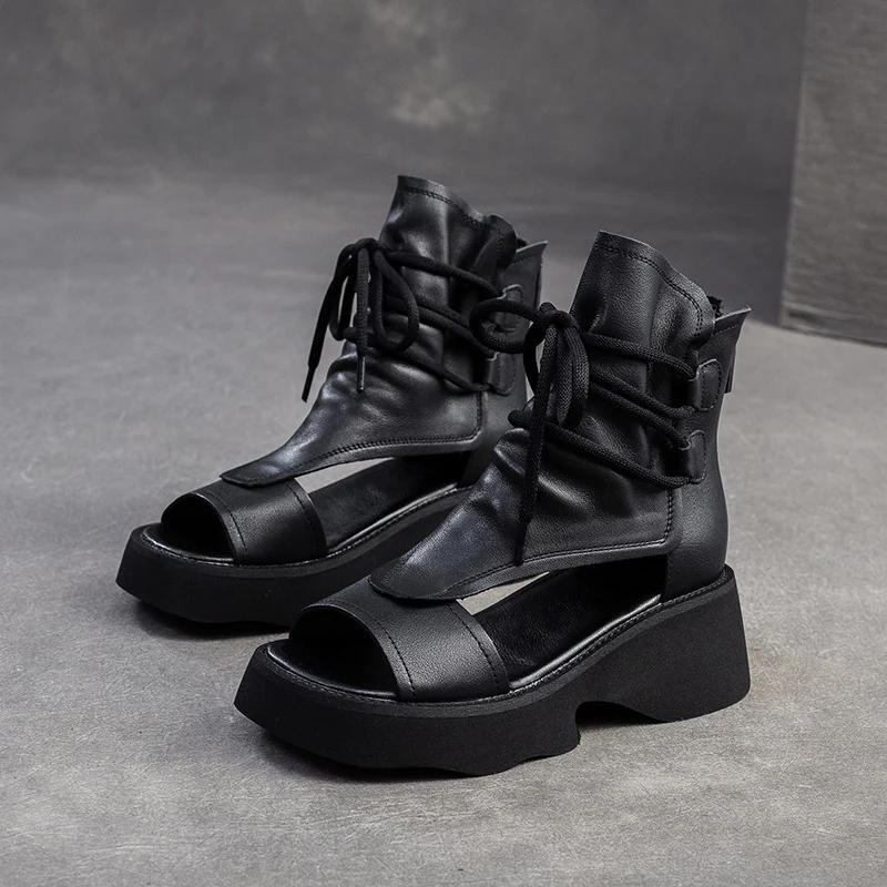 Women Retro Leather High Top Open Toe Sandals